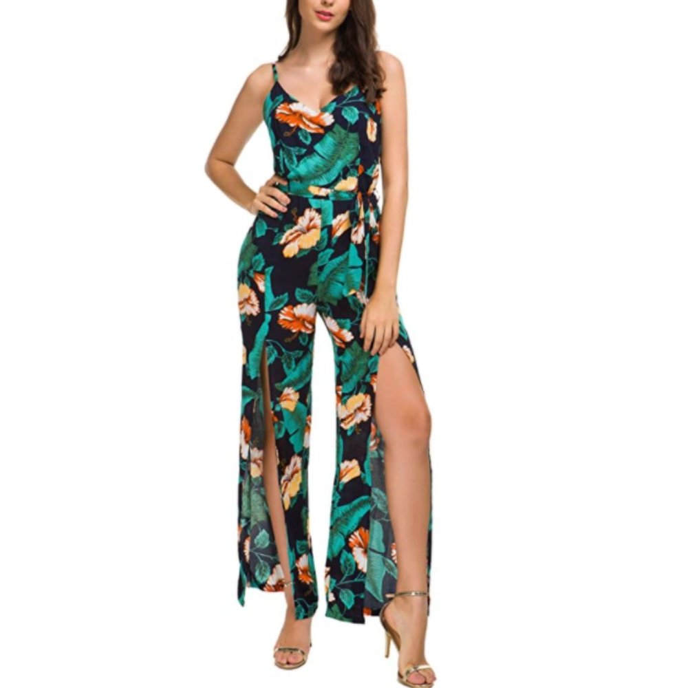 NWT Backless Slit Leg Tie Waist Tropical Jumpsuit - Picture 3 of 8